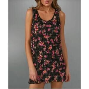 Free People Patra Sleeveless Bohemian Mini Dress Black Floral Tiered Ruffles XS